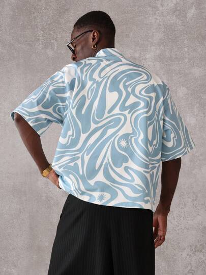 Boxy Fit Swirl Print Zip Through Short Sleeve Shirt｜Sumwon