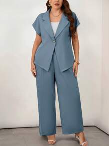 Firerie Plus Size Summer Elegant Formal Dusty Blue Business Office Wear Turndown Collar Short Sleeve Metal Button Blazer And Straight Leg Suit Pants Set - Dusty Blue - View 2