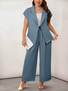 Firerie Plus Size Summer Elegant Formal Dusty Blue Business Office Wear Turndown Collar Short Sleeve Metal Button Blazer And Straight Leg Suit Pants Set - Dusty Blue - View 7