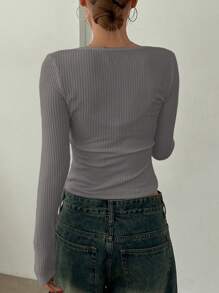 DAZY 1 件女式简约纽扣长袖纯色休闲衬衫，秋季服装 - 深灰色 - 查看 2