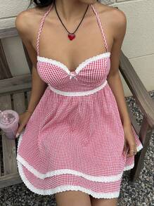 Lunelith SHEIN Lunessa Vestido de volantes con estampado a cuadros, de moda para el verano