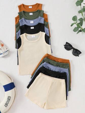 SHEIN Vintaside Kids 10 piezas Conjunto de ropa para niño bebé, incluye 5 tops de punto acanalado sin mangas en caqui, azul grisáceo, verde militar, marrón y negro, y 5 pantalones cortos a juego de punto acanalado con cintura elástica, adecuado para primavera/verano, deportes al aire libre, uso casual, para niños de 6 meses a 2-3 años. Conjuntos de ropa para bebé niño, ropa de verano para bebé niño, ropa neutra para bebé unisex