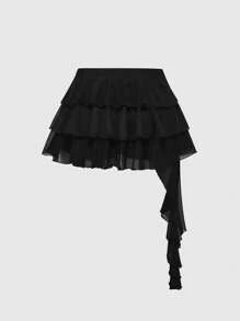 ROMWE Grunge Punk Sexy Punk Music Festival Party Raves, Women Plus Size Multilayer Asymmetrical Leopard Print Elastic Mesh Half Slip Skirt, Spring Break Concert