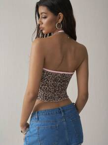 SHEIN EZwear Leopard Print Knitted Women's Cropped Slim Fit Halter Neck Top With Bow Decoration