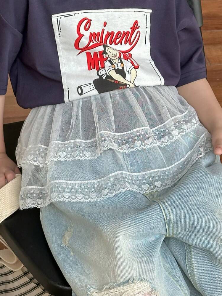 Girls Kid's Spring/Autumn Lace Layered Skirt Slip Shorts