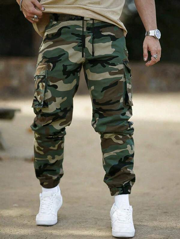 Manfinity Homme Pantaloni Cargo pentru bărbați, cu imprimeu Camo, cu clapetă, în talie, cu șnur, pantaloni lungi, pentru cadouri pentru soț, iubit
