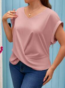 SHEIN Frenchy Camisa verde de talla grande para mujer con cuello en V, mangas cortas tipo murciélago y detalle de nudo en el bajo - Rosa - Ver 3