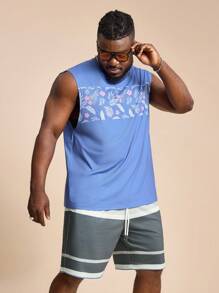 EASEVO Plus Size Men Knit Print Slim Fit Sleeveless Tank Top And Shorts Set, Suitable For Summer