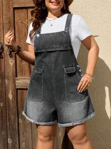 SHEIN LUNE Salopette pantaloncini casual in denim ampia con tasche, da donna in taglie forti, per vacanze
