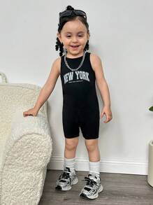 Babygirl Cute Summer Knit Casual Letter Graphic Black Romper - Black - View 4