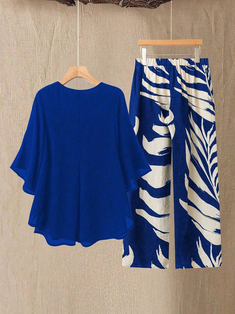 Linhara Set 2 bucăți pentru femei de mărime Plus, cu mâneci liliac șifon și gâtul turn - Albastru regal - Vizualizare 2