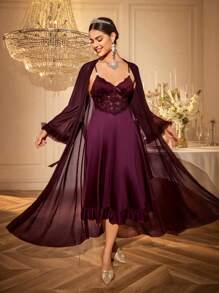 Slumberist 2pcs/Set Fish Bone Design Waist Lace Slip Dress + Floral Hem Wide Sleeve Sheer Robe - Maroon - View 3