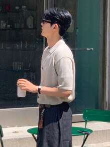 DAZY Men's Summer Solid Single Breasted Knitted Top - Khaki - View 6