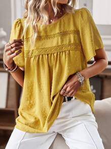 EMERY ROSE Women's Summer Swiss Dot Patchwork Lace Short Sleeve Blouse - Yellow - View 3