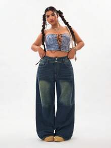 SHEIN ICON 大码休闲水洗猫须斜口袋宽松阔腿牛仔裤 - 霧霾藍 - 查看 6