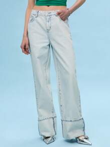 COUREZ 低腰直筒牛仔裤，裤脚卷边设计 /Y2K/休闲/纯棉复古 - 白色 - 查看 3