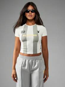 Missguided x Playboy 运动婴儿 T 恤复古运动风格短款 T 恤校园数字条纹设计健身运动休闲修身夏季上衣 Y2K 街头服饰 - 淺灰色 - 查看 6