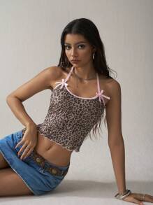 SHEIN EZwear Leopard Print Knitted Women's Cropped Slim Fit Halter Neck Top With Bow Decoration