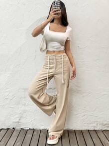 SHEIN EZwear Quần ống đứng thường ngày có túi vá màu trơn có dây rút eo dành cho nữ - Màu Khaki - Xem 3