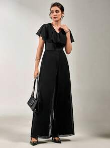 SHEIN Clasi Women's Elegant V-Neck Ruffled Chiffon Jumpsuit For Resort Wear - Black - View 4