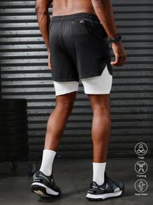Gym Rark Pantaloni scurți sport pentru bărbați, cu talie cu șnur, blocuri de culoare, pantaloni scurți de motociclist, pantaloni scurți de alergare - Negru - Vizualizare 2