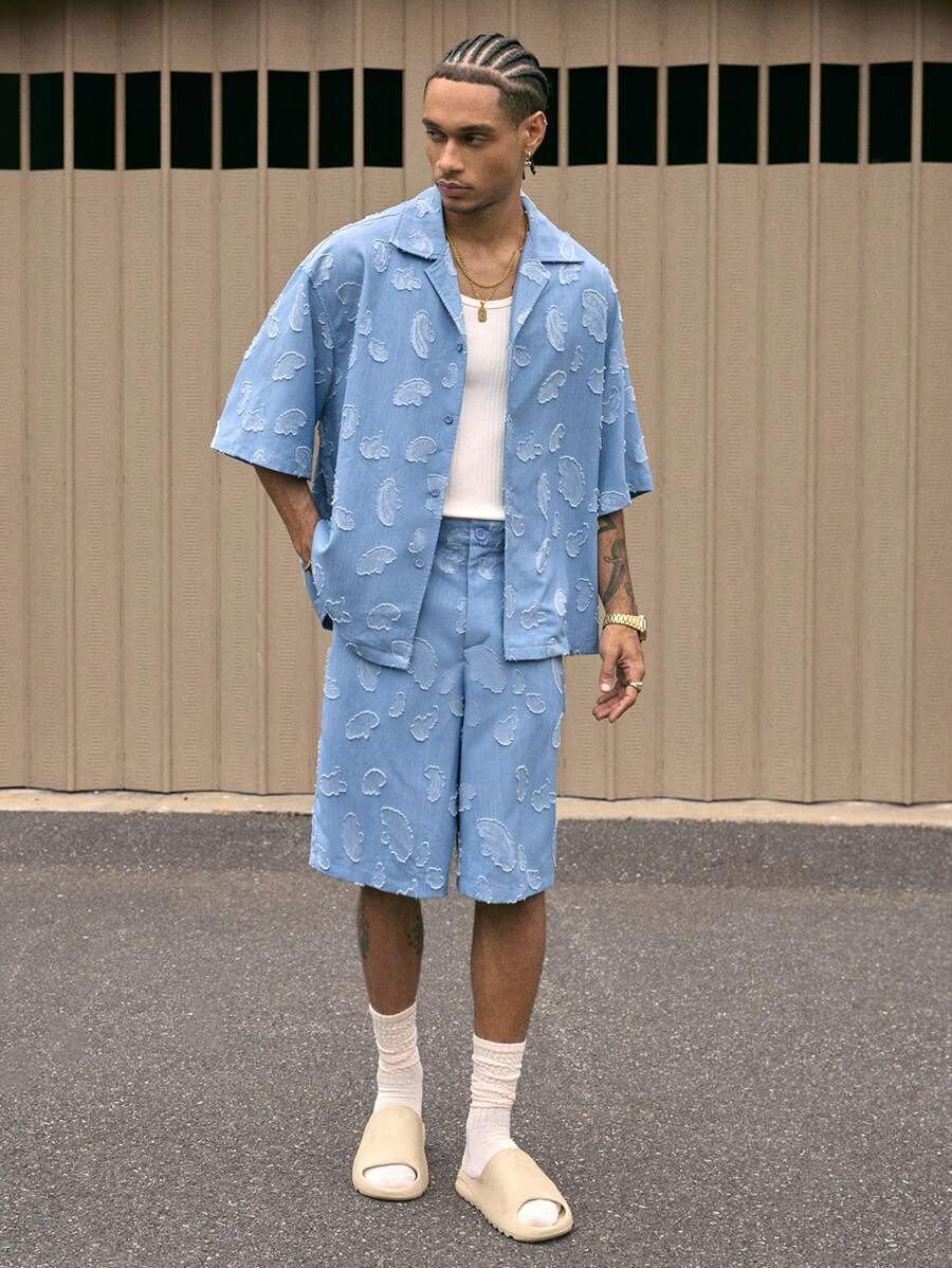 AXEPEAK Set 2 buc cămașă și pantaloni scurți albaștri largi pentru bărbați, stil streetwear, cămașă cu mânecă scurtă și pantaloni scurți cu guler cubanez - Albastru - Vizualizare 1