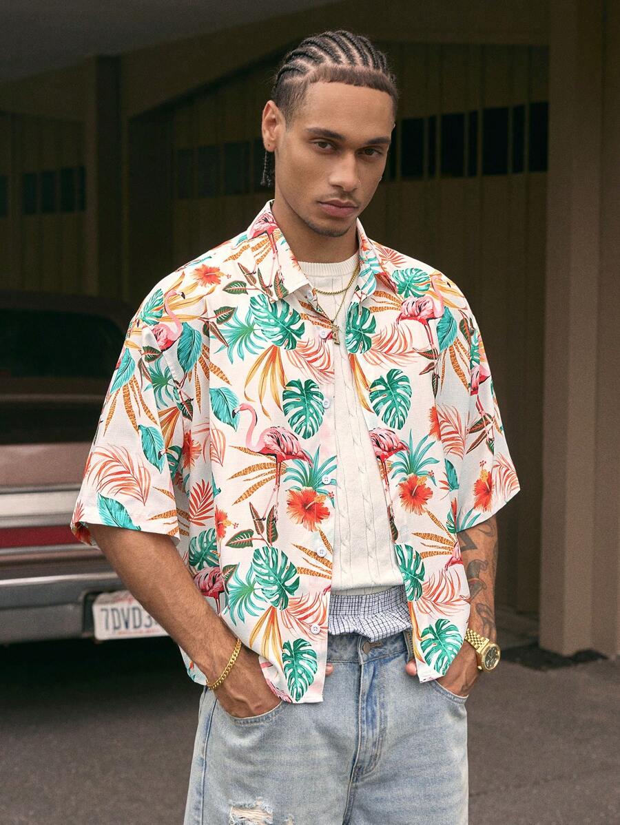 AXEPEAK 多尺寸数码印花翻领短袖宽松男式衬衫 - 彩色 - 查看 1