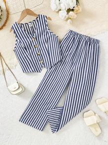 SHEIN Leap Crew Nova Glow 女童两件套：条纹休闲上衣和宽松休闲裤 - 藍色 - 查看 6