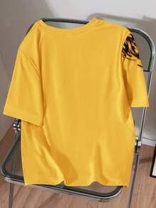SHEIN Casual Lion Graphic Short Sleeve T-Shirt For Teen Boys, Suitable For Summer - Yellow - View 2