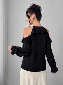 Modelyn Damen elegante Off-Shoulder Bluse mit Rüschensaum und Kunstperle Verzierung