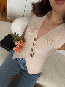 SHEIN Frenchy Women's Solid Color V-Neck Front Buttoned Elegant Sweater Vest Winter White Casual - White - View 5