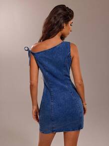 SHEIN Forever 21 春季高街性感不对称领口系带修身女式牛仔迷你连衣裙 - 寶藍色 - 查看 2