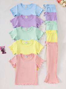 SHEIN Vintaside Kids 5件/10套女婴春夏装5色短袖上衣和长裤 - 彩色 - 查看 3