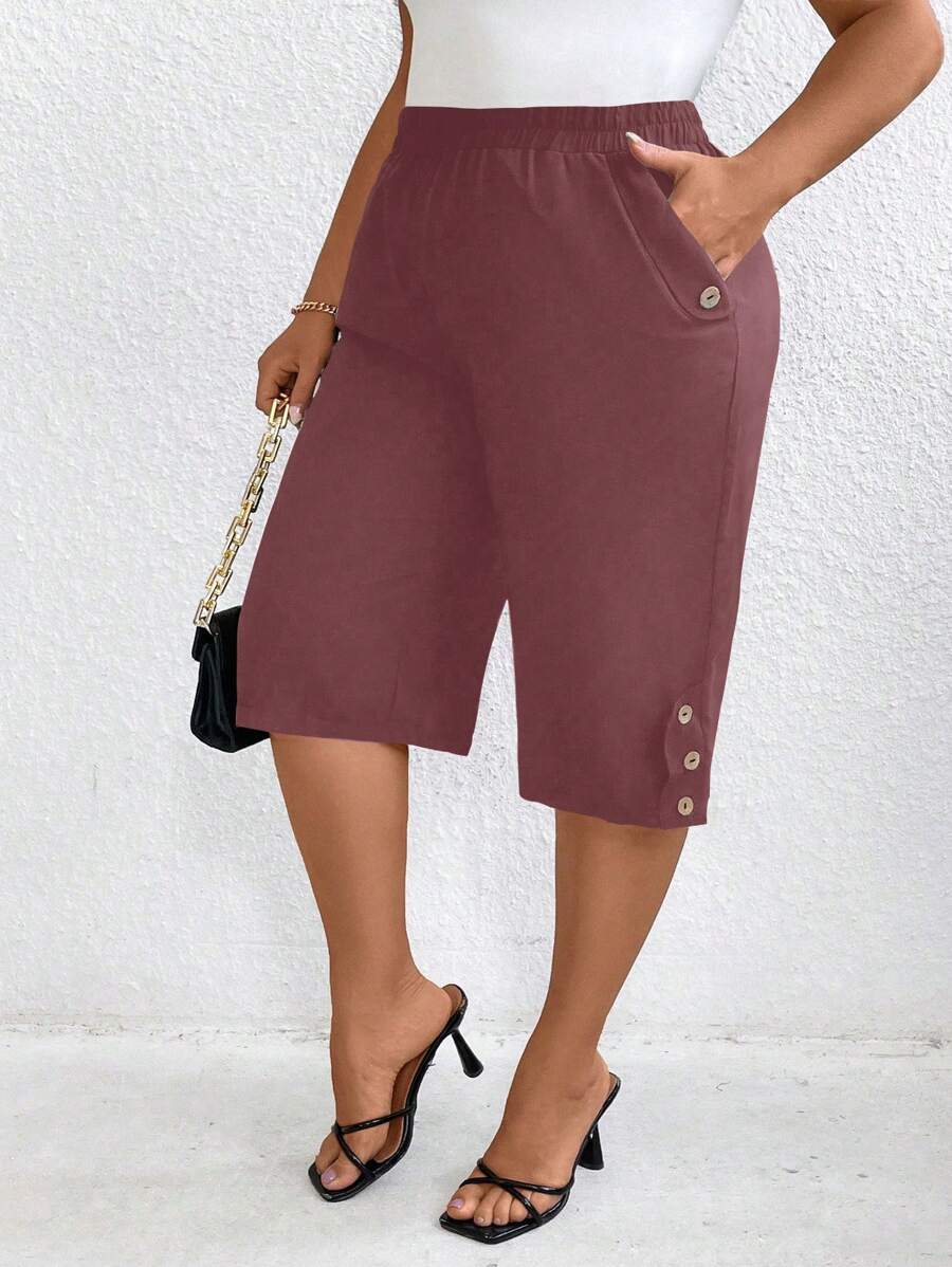 SHEIN LUNE Plus Size Solid Color Casual Pants, Suitable For Summer - Rusty Rose - View 1