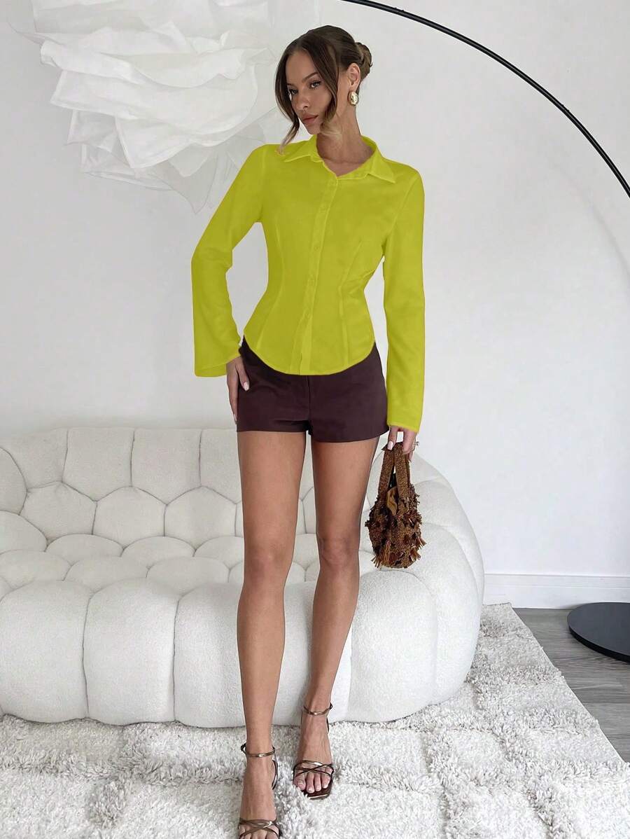 Roylia 1pc Solid Color Casual Front Button Elegant Long Flared Sleeves Shirt White Shirt Womenoffice Blouseformal Blousewhite Shirt For Women Fall Cloth For Women