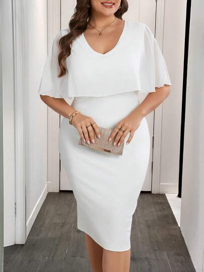 SHEIN Privé Vestido midi de longitud hasta la rodilla, color blanco, con manga tipo capa, apropiado para la temporada de bodas. Vestido blanco de longitud a la rodilla, elegante, con cintura ajustada, vestido midi ajustado, apropiado para el té de la tarde y citas de verano