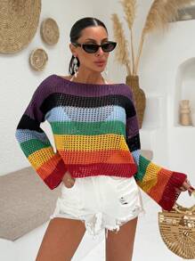 SHEIN Suéter cubridor con patrón a rayas de colores y calado para mujeres