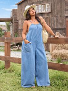 Breezaya Plus Size Solid Color Pocket Sleeveless Sexy Backless Denim Jumpsuit - Light Wash - View 4