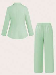 SHEIN Clasi Conjunto de traje de sastre de mujer de talla grande para primavera/otoño, compuesto por blazer azul de doble botonadura para ir a la oficina y pantalón largo minimalista - verde menta - Ver 2