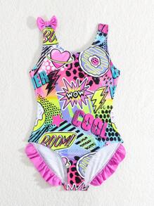 1 件 Tween 女童彩色花卉印花荷叶边连体泳衣 - 彩色 - 查看 6