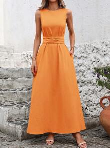 SHEIN Clasi Minimalist Wrap Dress, Solid Color Suitable For Summer - Orange - View 5
