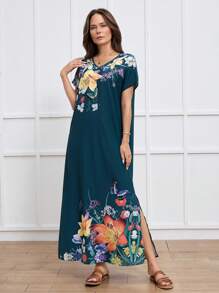 EMERY ROSE V-Neck Short Sleeve Floral Print Side Slit Dress, Resort Vacation Style For Women, Spring & Summer - Green - View 3