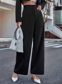 SHEIN PETITE 女士纯色纽扣优雅直筒办公裤 - 黑色 - 查看 3