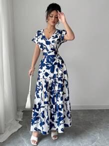 Elenzga 2025 新款优雅撞色印花 V 领腰带镂空休闲度假波西米亚风格长款系带连衣裙，夏季 - 彩色 - 查看 5