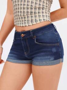 SHEIN EZwear Women Roll-Up Hem Pockets Casual Denim Shorts - Dark Wash - View 5