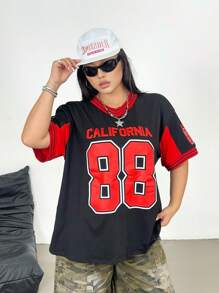 Flirla Camiseta de manga corta con estampado gráfico, cuello de canalé y talla grande