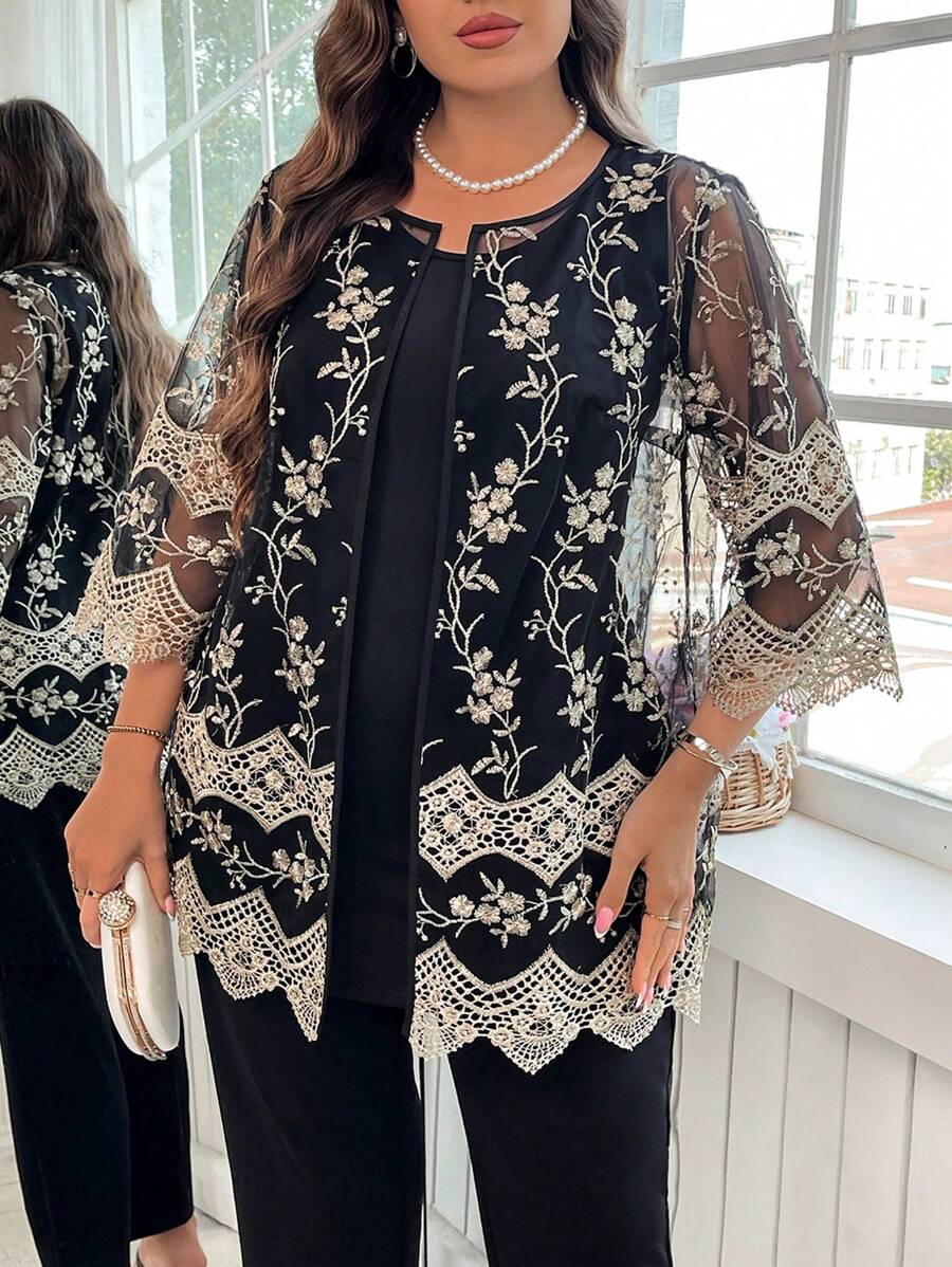 SHEIN Clasi 加大码优雅刺绣网眼衬衫吊带背心和长裤套装 - 黑色 - 查看 1