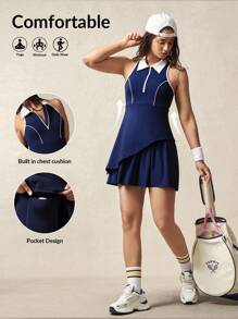 VARSIVA Women's Color Block Collar Ruffle Hem Sleeveless Sports Dress - Multicolor - View 1