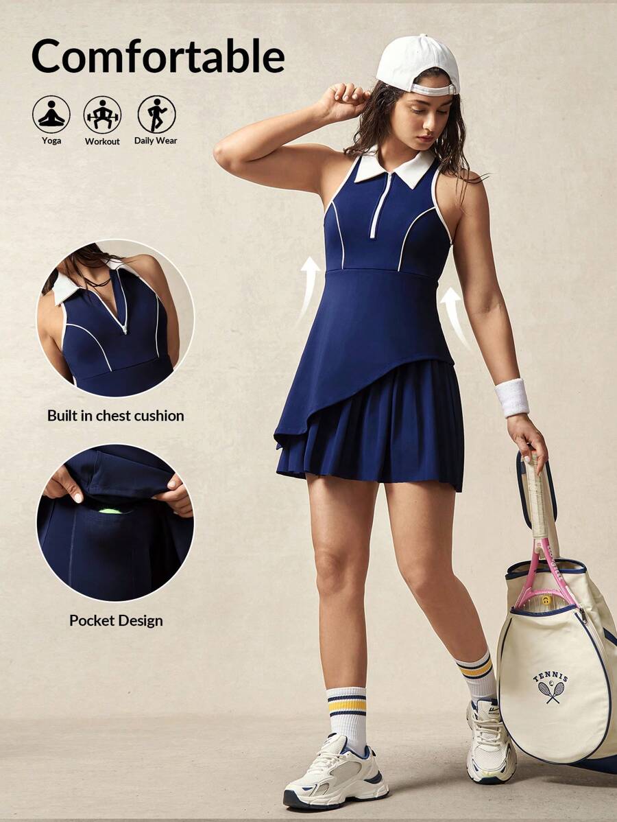 VARSIVA Women's Color Block Collar Ruffle Hem Sleeveless Sports Dress - Multicolor - View 1