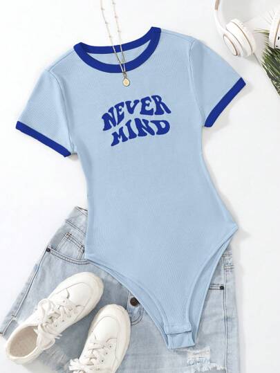 SHEIN EZwear Plus Size Contrast Trim Short Sleeve Round Neck Fashion Summer Knit Bodysuit Bodysuit